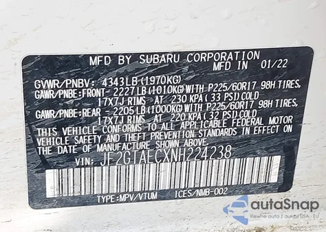 2022 Subaru Crosstrek Premium z USA, uszkodzony, nr VIN JF2GTAECXNH224238